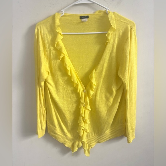 J.Crew Womens Cropped Sz L Yellow Ruffle Cardigan Linen Lightweight Cottagecore - Picture 1 of 5